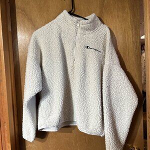 Used Womens XL Cream Fleece Sweater Qtr Zip Has Champion Logo on front
